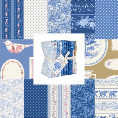 Tilda Fabric - Something Blue Blenders, Borders & Labels Fat Quarter 1/4 Bundle