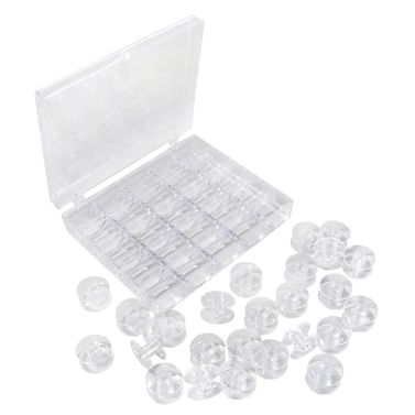 25 Empty Plastic Bobbins + Storage Box