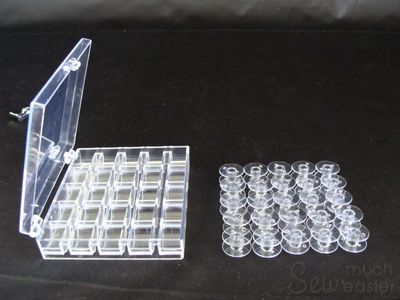 25 Empty Plastic Bobbins + Storage Box