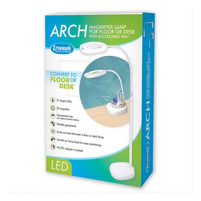 Triumph Arch LED Magnifier Lamp - 2-in-1 Floor & Desk Light with Tray