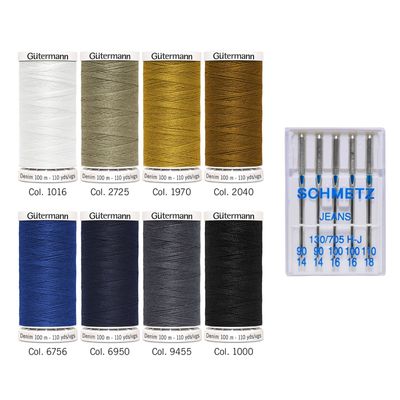 Gutermann Denim Sewing Thread Set - 8 Reels + Schmetz Jeans Needles