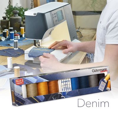 Gutermann Denim Sewing Thread Set - 8 Reels + Schmetz Jeans Needles