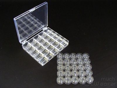 25 Empty Plastic Bobbins + Storage Box