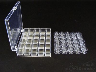 25 Empty Plastic Bobbins + Storage Box