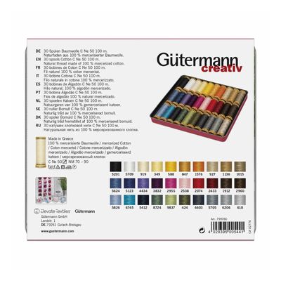 Gutermann 100% Mercerised Cotton Sewing Thread Box - 30 Reels