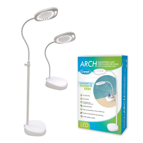 Triumph Arch LED Magnifier Lamp - 2-in-1 Floor & Desk Light with Tray